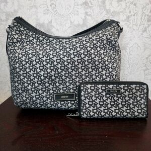 DKNY Black and Gray Monogram Bag and Wallet Set